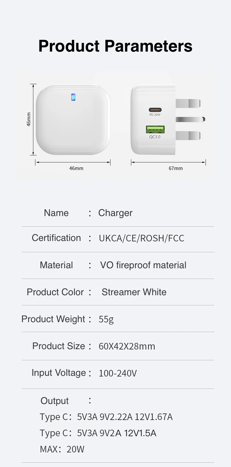 Wholesale Us/UK/EU Plug 2 Port USB A/C 20W Quick Charger Head