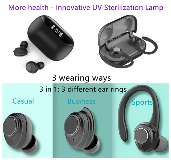 Nouveau 3in1 étanche Sports Tws écouteurs sans fil écouteurs casque Bluetooth avec 3 anneaux d'oreille et lampe de stérilisation UV